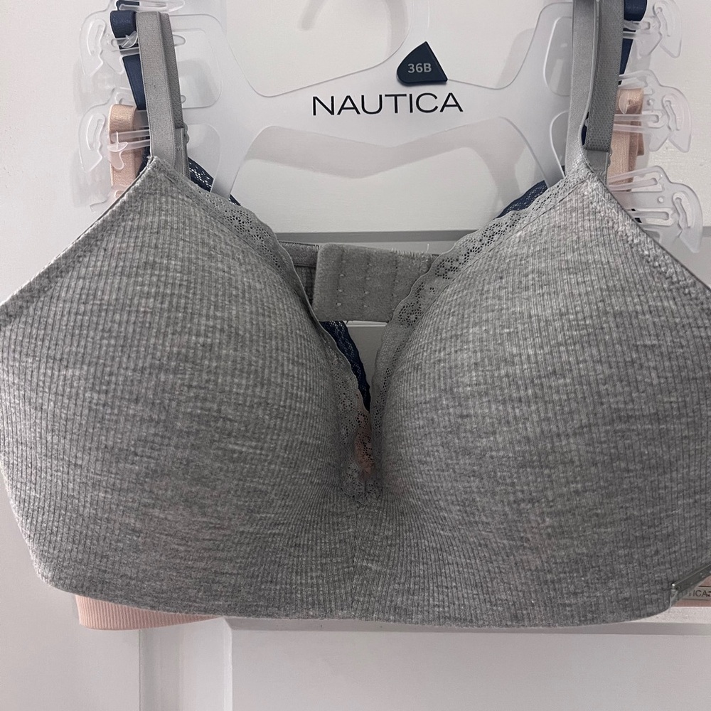 Nautica Ribbed Gray Bra with Lace Trim